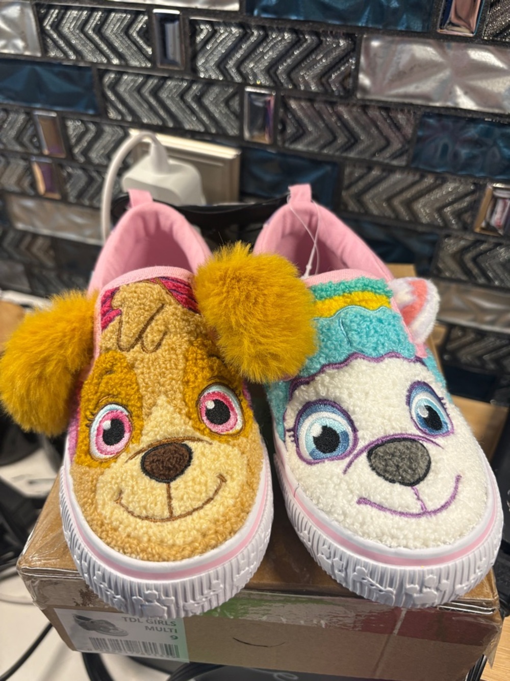 Kids Plush Character Slip-On Sneakers with Pom Poms - Pink, Yellow, White